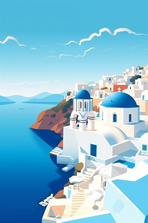 i'd like to share my art here.🤗 Santorini Landscape, Aesthetic Greece, Wanderlust Decor, Greece Art, Posca Art, Crazy Wallpaper, Colorful Illustration, Architecture Poster, Art Gallery Wallpaper