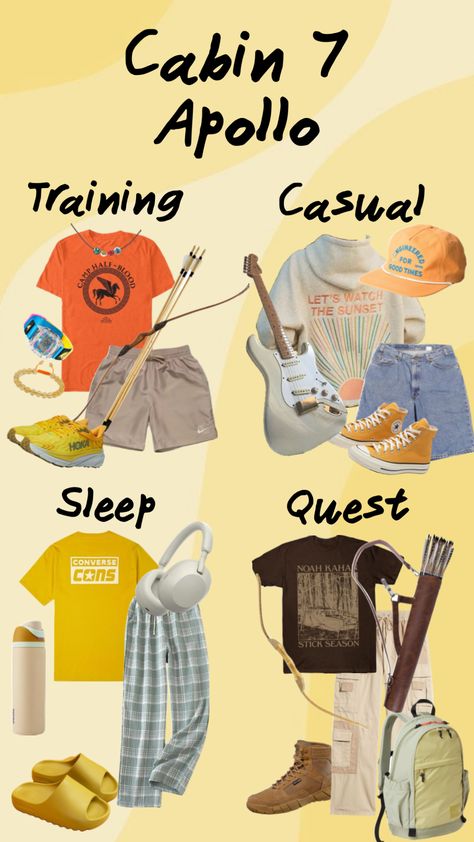 #apollo #cabin7 #pjo #outfit #books #rickriordan #greekmythology Apollo Percy Jackson, Cabin Outfit, Apollo Aesthetic, Apollo Cabin, Percy Jackson Outfits, Cabin 7, Percy Jackson Drawings, Cabin Aesthetic, Things To Wear