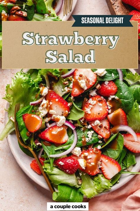 This easy strawberry salad recipe features a creamy homemade balsamic dressing and sweet ripe berries. It's the perfect side dish! #strawberrysalad #easysalad #strawberryrecipe Easy Strawberry Salad Recipe, Easy Strawberry Salad, Homemade Balsamic Dressing, Salad With Balsamic Vinaigrette, Strawberry Salad Recipe, Honey Balsamic Vinaigrette, Dip Recipes Appetizers, Winter Salad Recipes, Lunch Prep