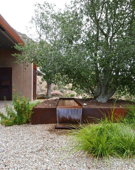 Santa Barbara — Kathleen Ferguson Landscapes Minimalist Courtyard, Cor Ten Steel, Courtyard Plants, Modern Water Feature, Kolam Koi, Garden Waterfall, Pond Water Features, Courtyard Design, Native Flowers