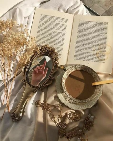 Coffee, book, and vintage mirror Era Victoria, Light Academia Aesthetic, An Open Book, Royal Aesthetic, Cream Aesthetic, Gold Aesthetic, Classy Aesthetic, Princess Aesthetic, Academia Aesthetic