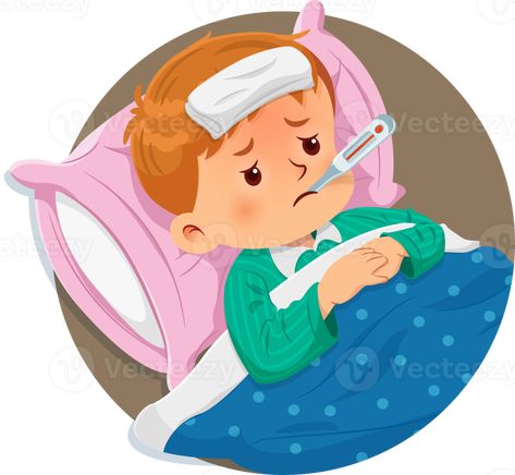 Sick boy resting on the bed with a thermometer in his mouth and high fever Fever Cartoon, Sick Clipart, Sick Boy, High Fever, Wedding People, Heart Tree, Cityscape Photos, Logo Banners, Nature Backgrounds