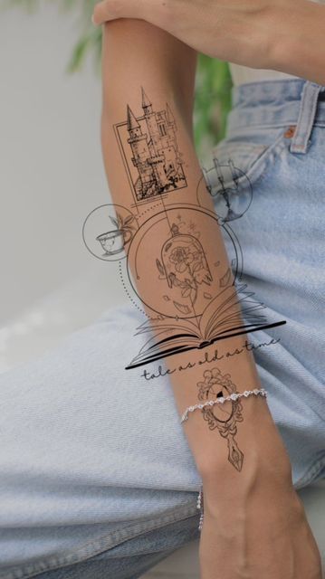 Fine Line Beauty And The Beast Tattoo, Beauty And The Beast Spine Tattoo, Beauty And The Beast Half Sleeve Tattoo, Disney Teacup Tattoo, Princess Tatoos Ideas, Disney Tattoo Beauty And The Beast, Beauty And The Beast Book Tattoo, Beauty And The Beast Mirror Tattoo, Fineline Disney Tattoo