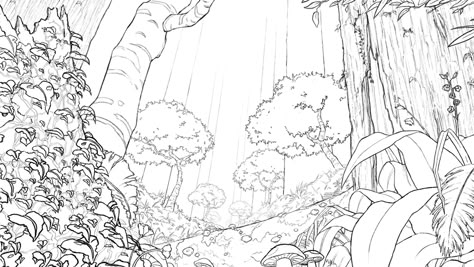 Animation Background art Linework by Joey Lee. Layout background. Animation Layout Background, Animation Layout Design, Forest Background Drawing, 2d Animation Background, Animation Background Design, Animation Background Art, Forest Layout, Background Lineart, Foreground Middleground Background