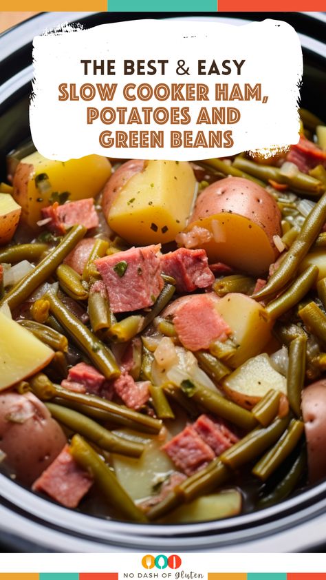 Elevate your dinner game with our Slow Cooker Ham, Potatoes, and Green Beans recipe! Let the rich flavors of ham hock, creamy Yukon Gold potatoes, and crisp green beans blend harmoniously in your slow cooker. A balanced and comforting main course perfect for family gatherings or casual get-togethers. Try it now and savor every bite of this delicious symphony of flavors. Get the full recipe on our blog and make dinner memorable! Beans Potatoes And Ham, Ham And Bean Recipes Crockpot, Crock Pot Ham And Green Beans, Best Ham Crockpot Recipes, Green Beans Ham And Potatoes Stove, Ham Green Beans And Potatoes Soup, Pork Green Beans And Potatoes, Green Beans With Ham And Potatoes, Slow Cooker Recipes Ham