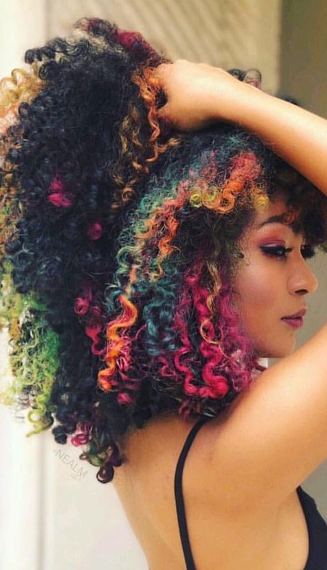 @caringfornaturalhair for all things natural hair + care! #naturalhair Curly Multicolored Hair, Rainbow Natural Hair, Multi Colored Curly Hair, Colorful Natural Hair, Rainbow Curly Hair, Curly Colored Hair, Colored Natural Hair, Colorful Highlights, Dyed Curly Hair