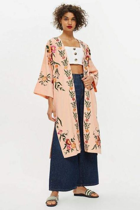 Topshop Pink floral embroidered kimono Kimono Outer Outfit, Fitted Embroidered Summer Kimono, Kimono Outer, Outer Outfit, V-neck Floral Embroidery Kimono For Summer, Embroidered One-size Summer Kimono, Floral Embroidered V-neck Kimono For Summer, Summer Outerwear, Elegant Long-sleeved Kimono With Floral Embroidery