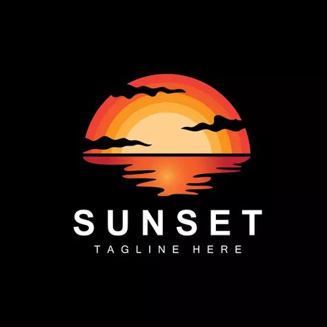 Sunset beach logo design seascape red day Vector Image Sunset Logo Design, Sunset Graphic Design, Beach Logo Design, Flying Hawk, Sunset Illustration, Sunset Color Palette, Sunset Logo, Sunset Party, Beach Logo