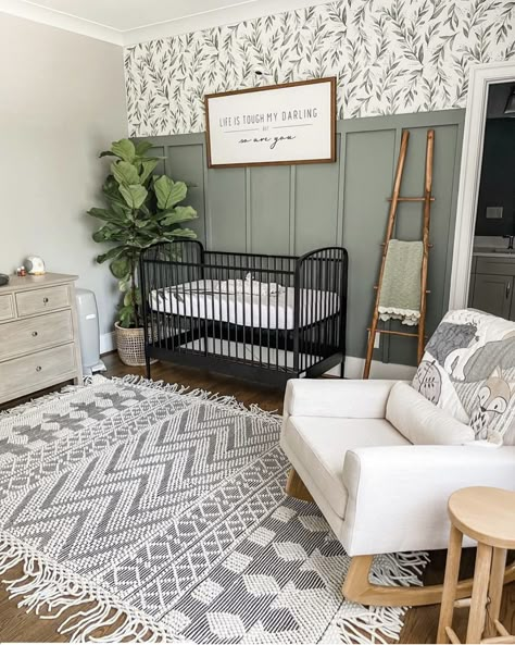 Unisex Green Nursery, Sage Green Elephant Nursery, Sage Green Nursery Black Crib, Green Shiplap Nursery, Sage And Tan Nursery, Gray And Beige Nursery, Dark Green And White Nursery, Olive Green And Cream Nursery, Sage Green Shiplap Wall Nursery