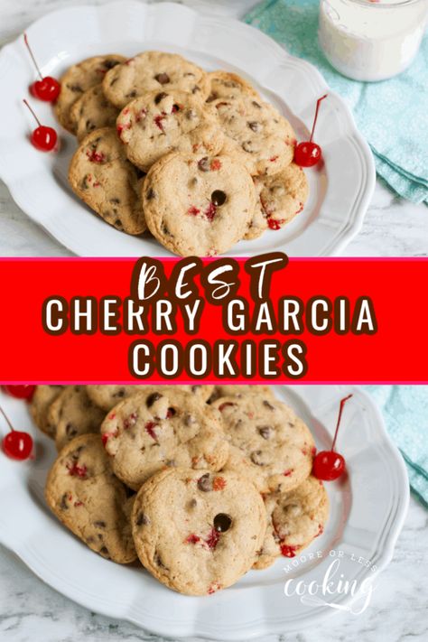 Best Cherry Garcia Cookies. These cookies are inspired by the famous ice cream that everyone loves, turned into perfectly soft yet chewy cookies that are perfect any time of day! Bahamas Recipes, Cherry Garcia, Dreamy Desserts, Family Desserts, Decadent Chocolate Desserts, Homemade Snickers, Chewy Cookies, Baking Stone, Cherry Recipes