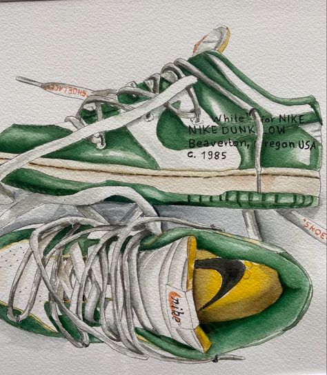 watercolor painting of the Nike Dunk Low x Off-White Pine Green #art #watercolor #painting #offwhite #nikedunk #dunks Croquis, Nike Drawings Art, Aesthetic Art Drawing Paintings, Nike Dunk Drawing, Aesthetic Painting Green, Nike Painting, Green Aesthetic Art, Item Drawing, Shoes Collage