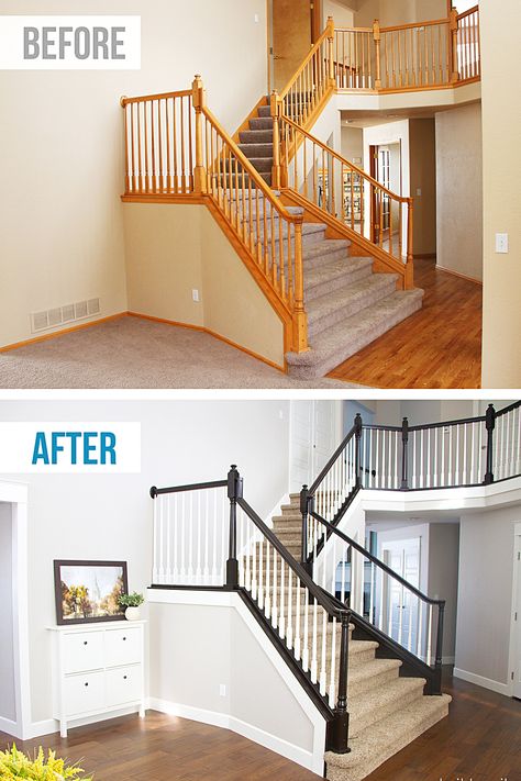 Paint Stained Wood, Oak Banister, Wood Railings For Stairs, Diy Stair Railing, Stairs Renovation, Stairs Makeover, Staircase Remodel, Staircase Makeover, Staircase Railings