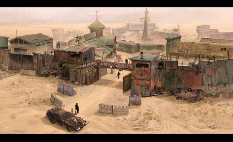 The end of the town by XiXin GuoA post-apocalyptic town  Survivors gathered here Wasteland Post Apocalyptic, Post Apocalyptic Settlement Concept Art, Apocalypse Town Concept Art, Apocalyptic Town Concept Art, Post Apocalypse Town, Post Apocalyptic Town Concept Art, Post Apocalyptic Settlement, Post Apocalyptic Wasteland, Post Post Apocalyptic