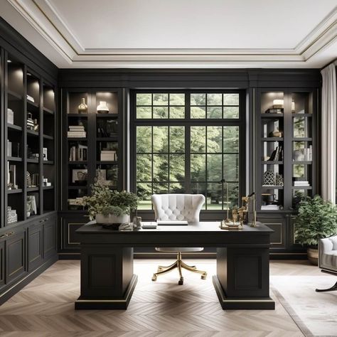 soft black chic home office Home Office Dark, Home Office Design On A Budget, Color Of The Year 2024, Elegant Home Office, Office Paint Colors, Home Library Rooms, Luxury Office, Elegant Home, Home Office Setup