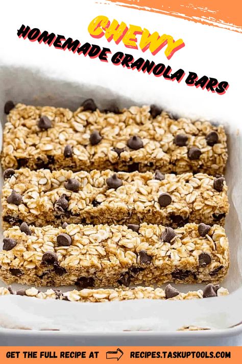 Discover the perfect recipe for chewy homemade granola bars that will satisfy your cravings and keep you energized throughout the day. Made with wholesome ingredients like oats, nuts, and dried fruits, these delicious bars are easy to prepare and customize to your taste. Whether you're looking for a quick breakfast option or a nutritious snack, these granola bars offer a delightful blend of flavors and textures. Pin this recipe to bring some homemade goodness to your kitchen and enjoy a healthier treat anytime! Quaker Granola Bar Recipe, Quick Oats Granola Bars, Easy Granola Recipe Bars, Chewy Homemade Granola Bars, Gluten Free Granola Bars Homemade, Chewy Granola Bars Homemade Healthy, Chewy Granola Recipe, Chewy Granola Bar Recipe, Homemade Chocolate Chip Granola Bars