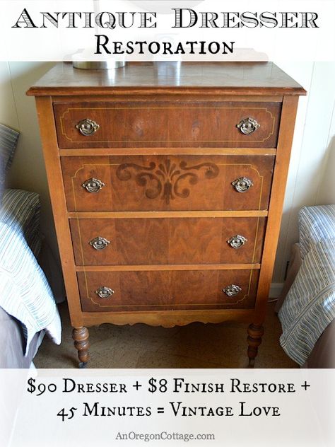 Got an old dresser that's covered in scratches and water marks? Use this easy & quick DIY wood furniture finish restorer- you won't believe the before and after pictures for this makeover! Dresser Restoration, Restored Dresser, Oregon Cottage, Redoing Furniture, Witch's Cottage, Antique Dressers, Diy Furniture Restoration, Arranging Furniture, Restored Furniture