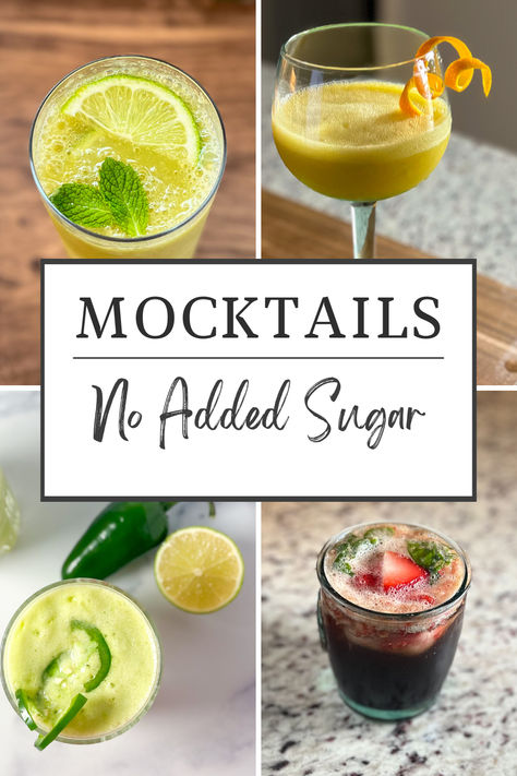 Four mocktails in a graphic post. Mocktail Recipes, Food Ingredients, Mocktail Recipe, Plant Food, Mocktails, Happy Hour, Girls Night, Date Night, Holidays