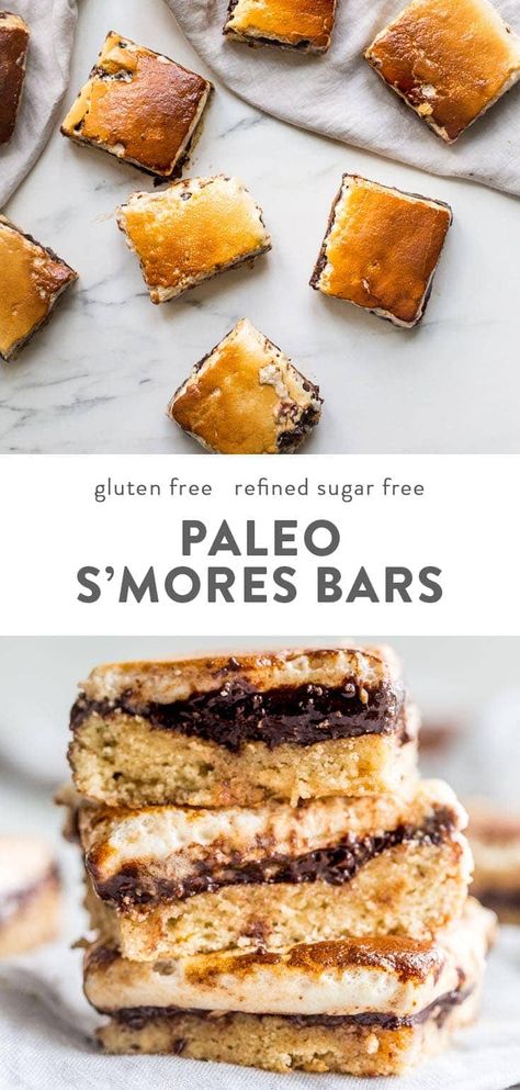 These paleo s'mores bars are the perfect paleo dessert. A graham cracker crust, topped with chocolate and a burnt marshmallow layer, they're inspired by the classic summer treat but are grain-free, dairy-free, and refined-sugar-free. These paleo s'mores bars are great for entertaining! #paleo #dessert Paleo Smores, Gluten Free Camping, Smores Bars, Burnt Marshmallow, Bars Gluten Free, 40 Aprons, Smores Bar, S Mores Bars, Grain Free Desserts