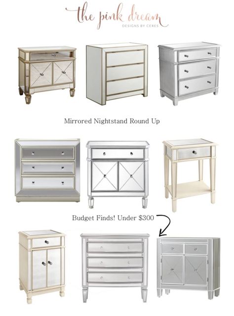 Today I have a great round up for you: Mirrored Nightstand. I think this is probably one of the questions I answer the most on my instagram. Mirrored Drawers, Nightstand Round, Mirrored Nightstand Bedroom, Mirrored Furniture Decor, Mirror Drawers, Mirrored Bedroom Furniture, Glam Bedroom, Glass Furniture, Mirrored Nightstand