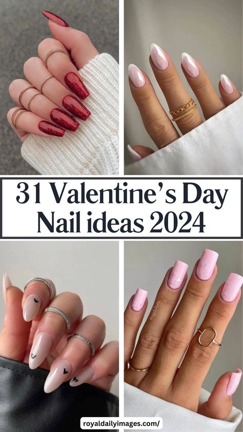 Valentine’s Day Nail Designs Elegant Valentine Nails, Simple Valentines Day Nails Almond, Nude Valentines Day Nails, Glitter Valentines Nails, Elegant Valentines Nails, Nail Ideas For Valentines Day, Nails Heart Design, Love Heart Nail Art, Nails Valentine