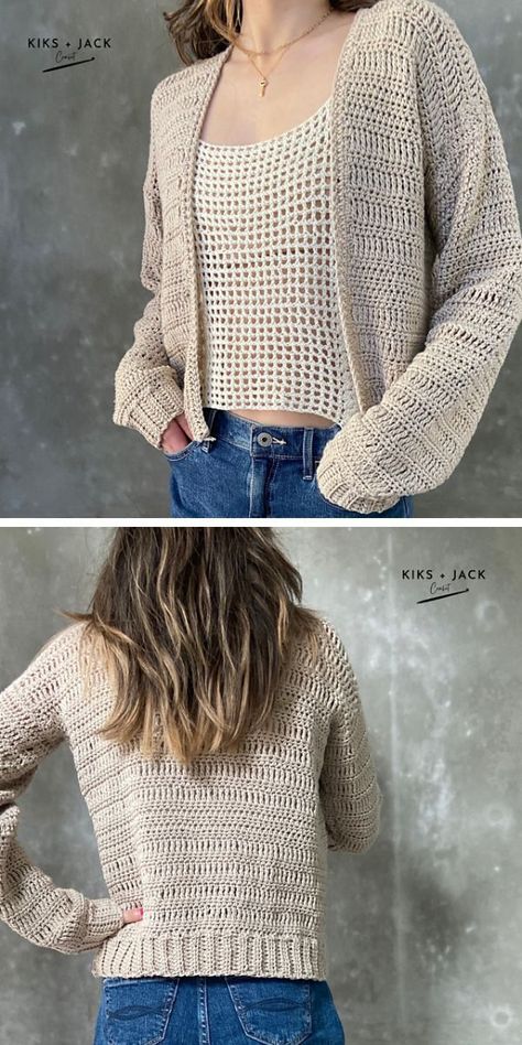 A woman wearing a cropped cardigan and jeans. Crochet Cardigan Free Pattern, Cardigan Free Pattern, Crochet Cardigan Free, Crochet Cardigan Pattern Free, Gilet Crochet, Crochet Patterns Free Beginner, Crochet Shawl Pattern Free, Easy Crochet Patterns Free, Basic Crochet