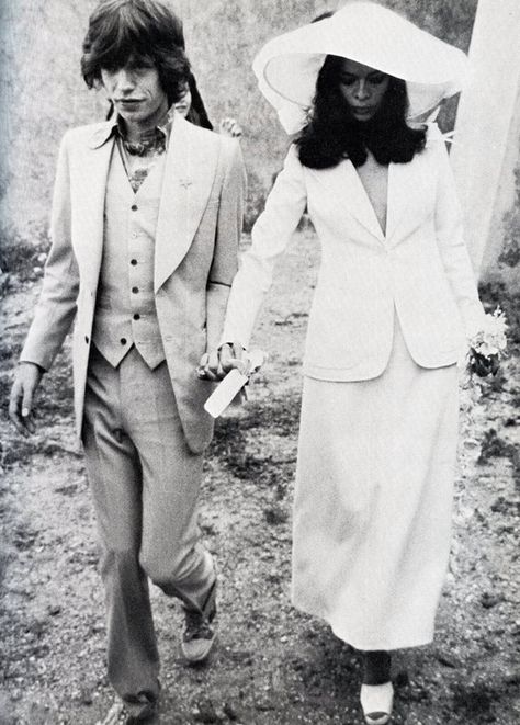 Mick and Bianca Jagger - 30 Most Iconic Celebrity Weddings of All Time… Dressed In White, Bianca Jagger, Iconic Weddings, Celebrity Wedding Dresses, Top Celebrities, Keith Richards, Mick Jagger, Designer Wedding Dresses, Wedding Suits