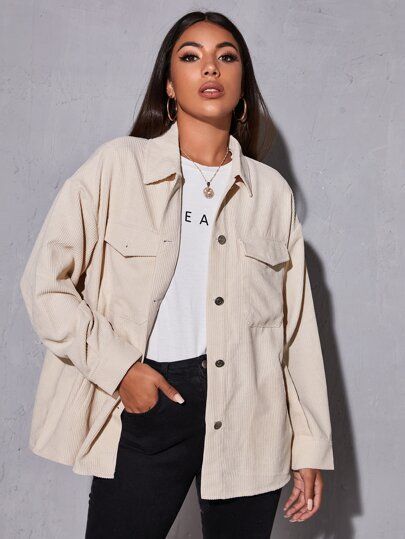 Drop Shoulder Flap Pocket Cord Jacket | SHEIN USA Cream Jacket Outfit, Beige Jacket Outfit, Jean Beige, Jacket Outfit Women, Beige Jeans, Jeans Beige, Cream Jacket, Beige Outfit, Beige Jacket