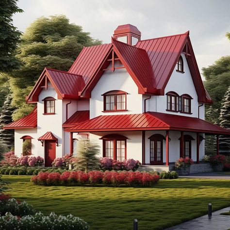 Red Metal Roof House Colors, Red Roof House Colors Colour Schemes, House With Red Roof, Red Roof House Colors, House Paint Exterior Colour Schemes, Red Roof House, Top Paint Colors, Red Houses, Exterior Color Schemes