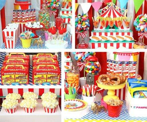 Food table from a Yummy Greatest Showman Party Food Ideas via Kara's Party Ideas Greatest Showman Party, Elmo Cakes, Carnival Party Foods, Circus Themed Birthday Party, Dumbo Birthday Party, Parties Themes, Circus Food, Carnival Birthday Party Theme