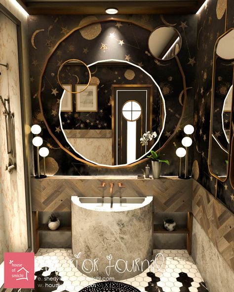 This is what I thought earlier today and patiently pouring the idea into an art creation, and voila! Celestial Bathroom designed by House of Smichi. ❤️ Space Theme Bathroom, New Age Interior Design, Starry Bathroom Ideas, Mystical Bathroom Ideas, Constellation Themed Bedroom, Celestial Decor Interior Design, Celestial Dining Room, Magical House Decor, Celestial Powder Room