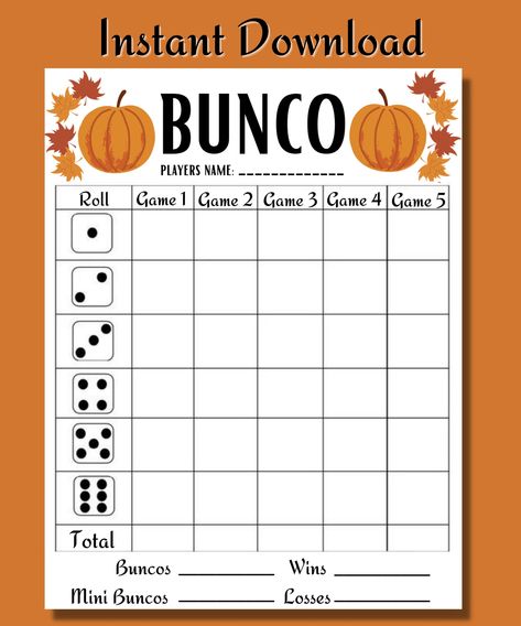 This is a Fall BUNCO Game - Printable BUNCO - Thanksgiving Party Games Printable - Autumn Bunco Score Card Tally Sheet Instructions - Instant download. Bunco is a social, group dice game that requires no skill. Players attempt to roll specific numbers on the dice depending on the round. Roll a 3-of-a-kind during the matching round for a Bunco! After Purchase, you will receive a PDF File that contains: * A link to a video that explains how to play BUNCO * Printable full page Bunco score card * Printable full page Bunco table tally sheet Purchase once, and print as many as you want!! Use the Link provided in the PDF to watch a full instructions video and example of how to play it! PDF is optimized for printing on standard 8.5 x 11 paper Please note that this is an instant download, digital f Fall Bunco Score Cards Free, Bunco Table Cards For 8 Tables, Bunco Gift Ideas, Thanksgiving Bunco, How To Play Bunco, Thanksgiving Party Games, Fall Snack Mixes, Bunco Gifts, Bunco Score Sheets