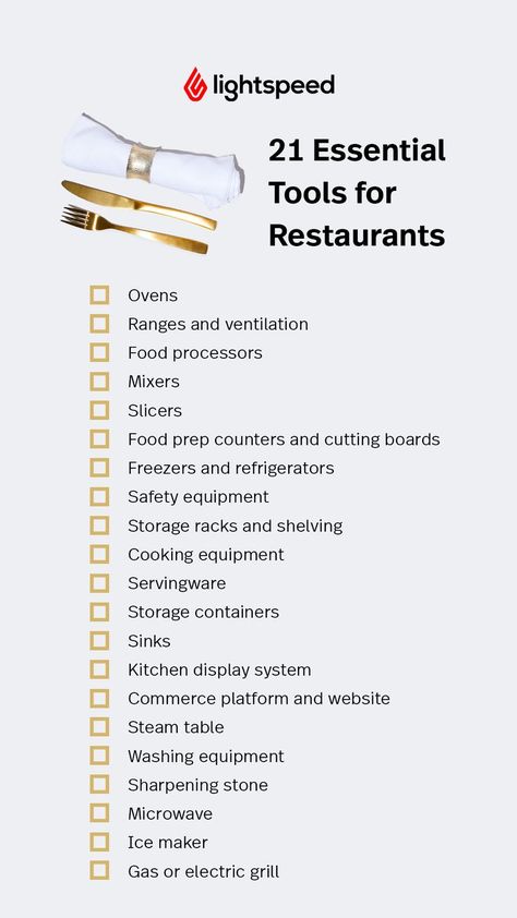 Restaurant Kitchen Equipment List, Restaurant Equipment List, Cafe Equipment List, Opening A Restaurant Checklist, Restaurant Opening Checklist, How To Open A Restaurant, How To Start A Restaurant Business, Restaurant Organization Ideas, Cafe Checklist