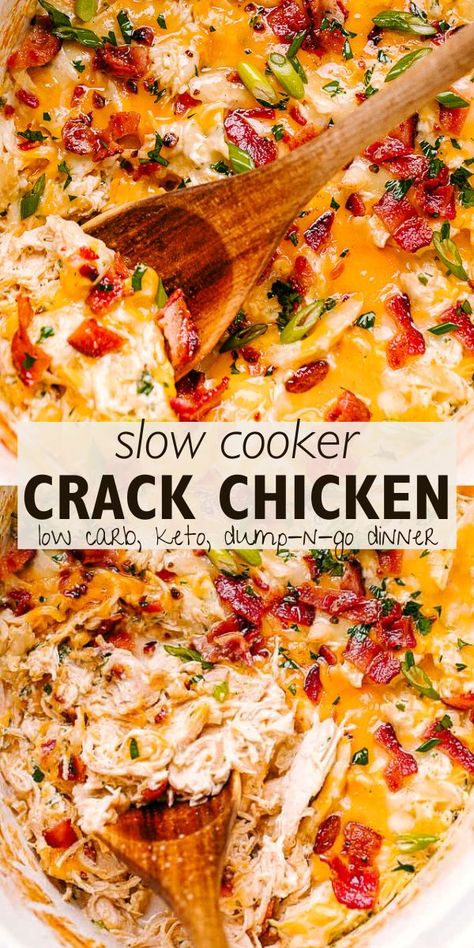 Slow Cooker Crack Chicken is the most creamy and delicious chicken you will ever eat. Top it with melted cheddar and bacon for all the comfort food feels. Blue Collar Dinner Ideas, Crockpot Party, Mojo Chicken, Keto Crockpot, Chicken Crockpot Recipes Easy, Easy Crockpot Dinners, Crockpot Dishes, Chicken Slow Cooker Recipes, Crockpot Recipes Slow Cooker