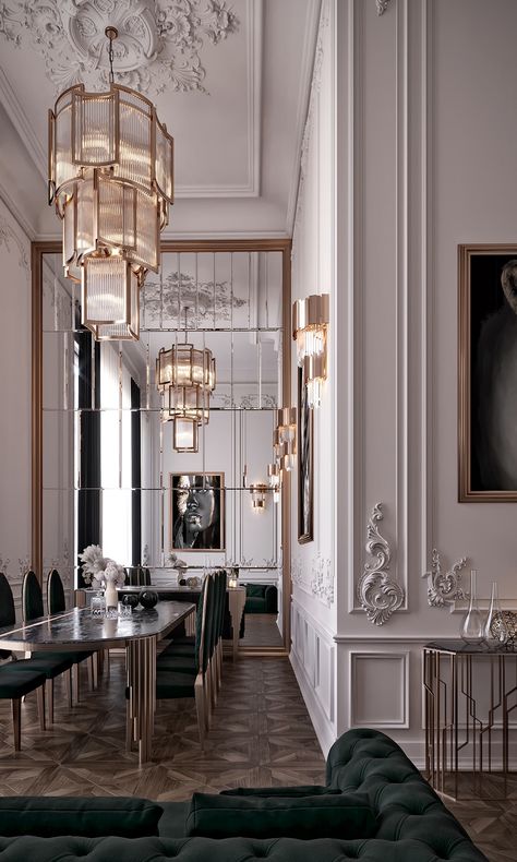 Luxury Entrance, Neoclassical Interior Design, Baroque Interior, Crystal Chandelier Living Room, Neoclassical Interior, Classic Interior Design, Luxury Chandelier, Elegant Dining Room, Luxury Homes Dream Houses