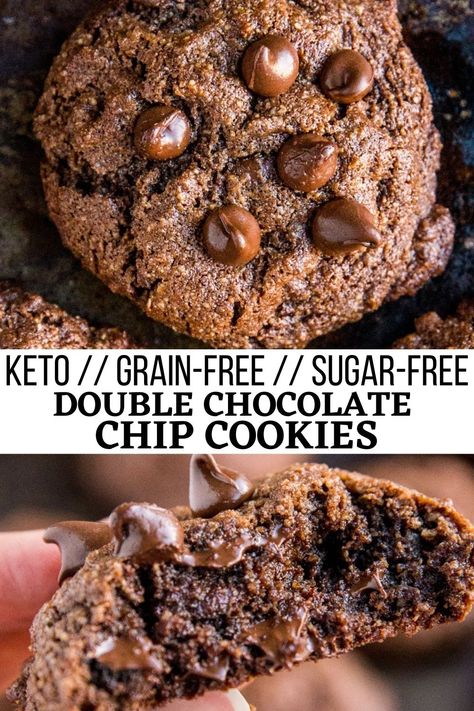 Keto Double Chocolate Chip Cookies - Keto Double Chocolate Chip Cookies with almond flour and sugar-free sweetener are a low-carb sugar-free cookie recipe - rich and delicious! #lowcarb #grainfree #keto Cookies With Almond Flour, Sugar Free Cookie Recipes, Sugar Free Chocolate Chip Cookies, Galletas Keto, Almond Flour Chocolate Chip Cookies, Triple Chocolate Cookies, Keto Cookie Recipes, Almond Flour Cookies, Keto Chocolate Chip Cookies