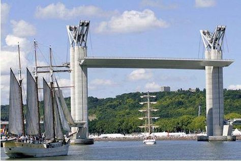 Vertical Lift Bridge goes up for ships: Pont Gustave-Flaubert – Rouen, France Henderson Waves, Lift Bridge, Engineering Degree, Cable Stayed Bridge, Rouen France, French Icons, Gustave Flaubert, Famous Bridges, Road Bridge