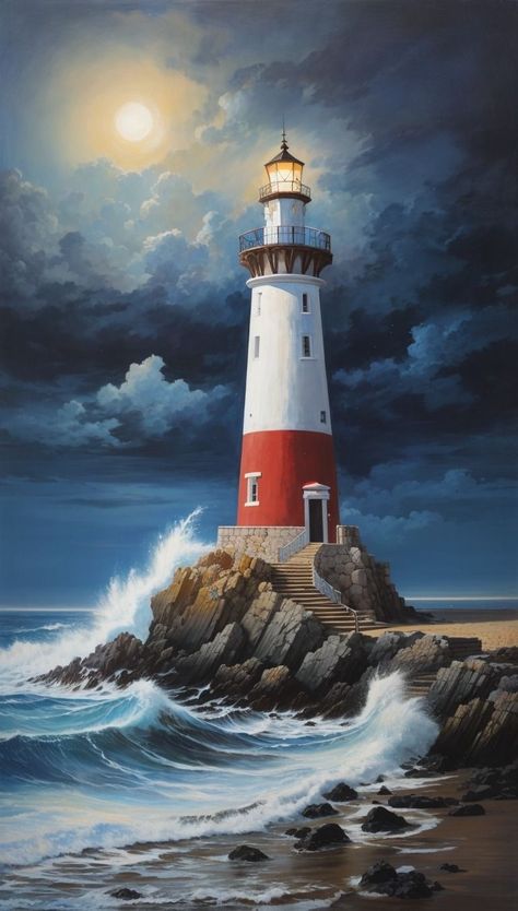 Lighthouse Night Painting, Light House At Night, How To Paint A Lighthouse, Lighthouse Night, Lighthouse Images, Lighthouse At Night, Lighthouse Drawing, Diy Canvas Art Easy, Lighthouses Photography