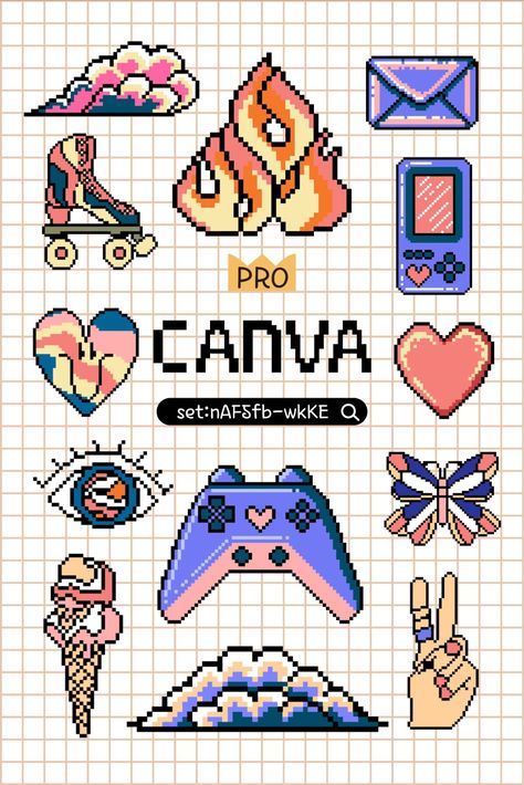 Pixelated Y2K elements. Canva Element Keyword Y2k Pixel Art, Kode Canva, Y2k Elements, Canva Retro, Pixel Poster, Search Code, Facebook Post Design, Pixel Font, Online Scrapbook