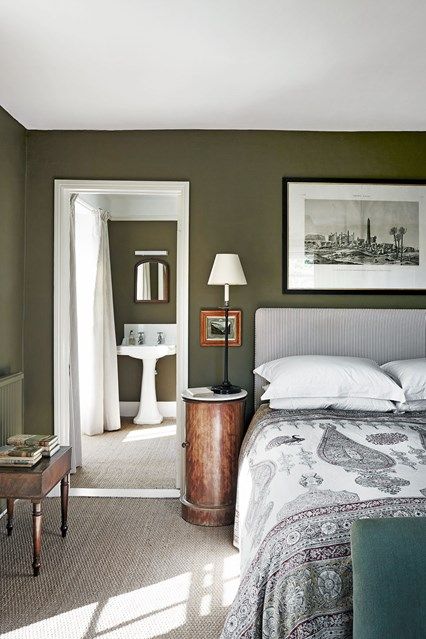 Green country bedroom in Bedroom Decoration Ideas. The main bedroom with a view… Grey Green Bedrooms, Olive Green Bedrooms, Green Bedroom Walls, Green Bedroom Decor, Rustic Bedroom Design, Bedroom Design Inspiration, Country Bedroom, Bedroom Paint Colors, Trendy Bedroom