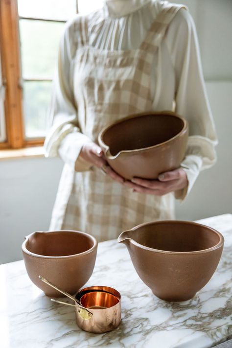 Our Nesting Batter Bowls come in a set of 3 - Small, Medium, & Large, to meet all of your baking needs. Just like our Nesting Bowls, these stack perfectly inside of each other to make storing them a breeze. These are thrown on the wheel, the spouts are formed by hand, and the large bowl's beautiful, organically shaped hand hold is attached to help with stirring. Large 11.25” wide x 5.75” tall Medium 8.25” wide x 4.75” tall Small 6.5” wide x 4” tall Each of our pieces are handmade in Maine, one p Nesting Mixing Bowls, Ceramic Batter Bowl, Small Ceramic Bowls Handmade, Thrown Bowls Pottery, Hand Thrown Bowls, Ceramic Mixing Bowls Handmade, Ceramic Mixing Bowl, Knitting Bowls Pottery, Pottery Mixing Bowls