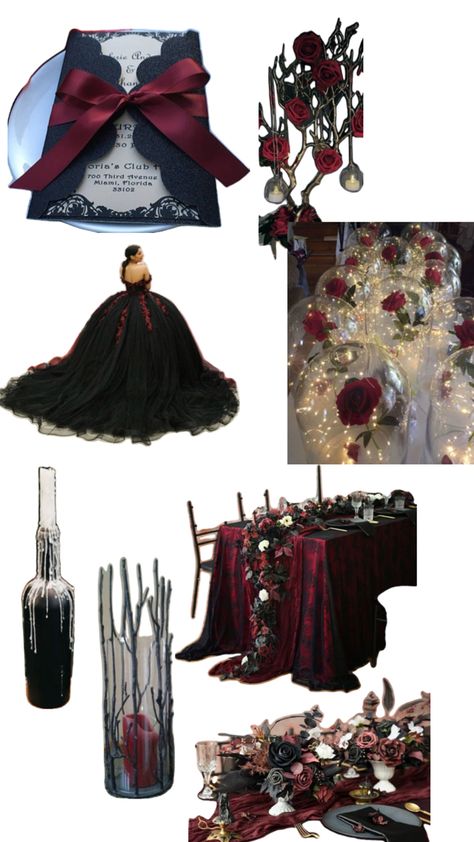 Vamp with a hint of goth Black Quinceanera Theme, Red Quinceanera Theme, Red Quince Theme, Sweet 16 Masquerade Party, Quinceanera Red, Dark Romantic Wedding, Vampire Wedding, Gothic Wedding Invitations, Quince Themes