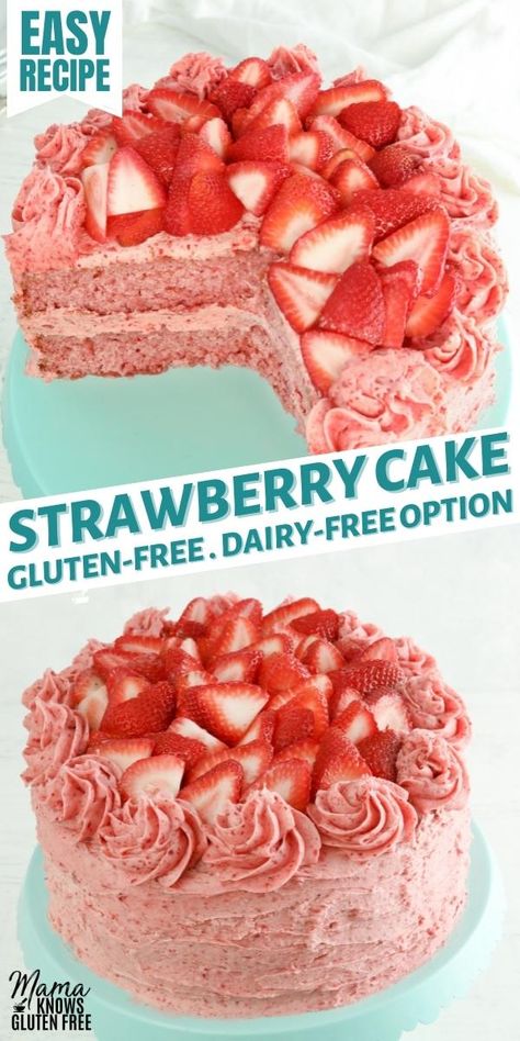 gluten-free strawberry cake on a blue cake plate Pastel, Gluten Free Strawberry Cake With Jello, Dairy Free Strawberry Frosting, Dairy Free Gluten Free Birthday Cake, Celiac Cake Recipes, Vegan Gluten Free Strawberry Cake, Low Calorie Strawberry Cake, Gluten Free Strawberry Bundt Cake, Easy Dairy Free Cake Recipe