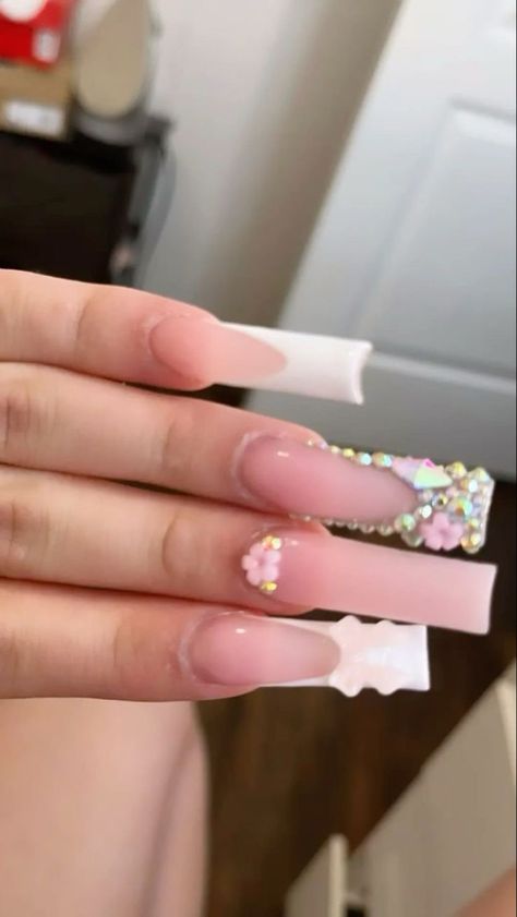 Square Rhinestone Acrylic Nails, Kitty Nails, Cow Nails, Acrylic Toe Nails, Girly Acrylic Nails, French Tip Acrylic Nails, Classy Acrylic Nails, Pretty Gel Nails, Long Acrylic Nails Coffin