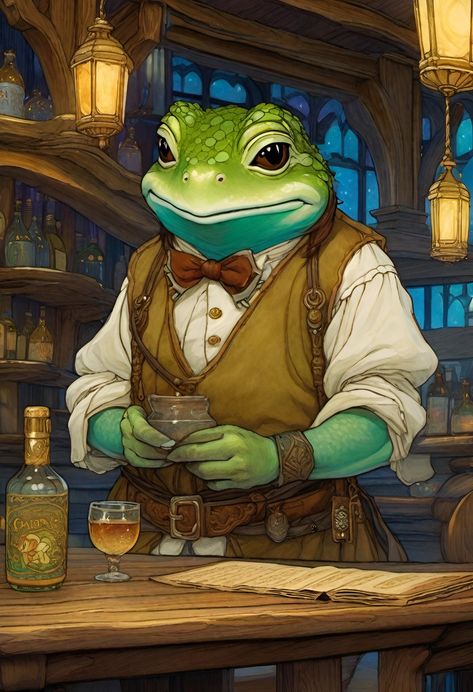 Dnd Frog Race, Dnd Octopus Race, Fish Folk Dnd, Dnd Tavern Keeper Art, Frog People Dnd, Goblin Bartender, D&d Shopkeeper, Tavern Character Design, Bartender Fantasy Art