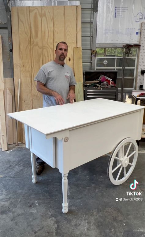 Customized event cart for weddings, birthdays, parties, whatever. Rolls, turns, and has storage with door. Wooden Ice Cream Cart, Snack Cart For Party, Diy Catering Cart, Popcorn Cart Ideas, Drink Cart Wedding, Treat Cart Ideas, Food Cart Diy, Diy Vendor Cart, Diy Snack Cart