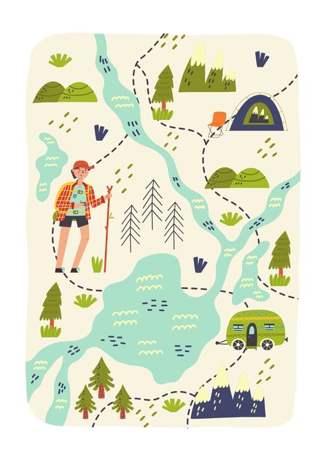 Maps Illustration Design, Cartoon Map, Forest Hiking, Map Creator, Illustration Kunst, Hiking Map, Hand Drawn Map, Adventure Map, Art Carte