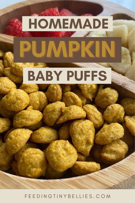 Homemade Pumpkin Baby Puffs Essen, Easy Snacks For 11 Month Old, Blw Snack Recipes, On The Go Baby Snacks, Homemade Baby Pouches, Dairy Free Baby Snacks, Diy Baby Snacks Homemade, Diy Puffs Baby Food, Diy Baby Puffs Recipe