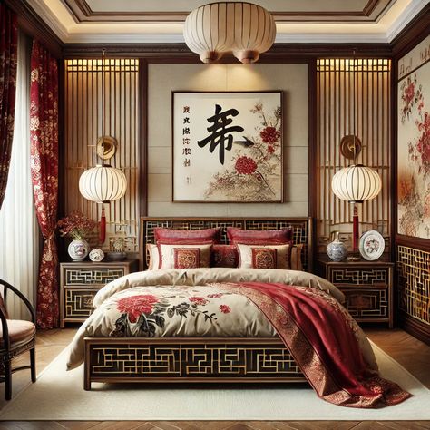 Traditional Chinese Home Decor, Asian Interior Design Bedroom, Asian Style Bedrooms Interior Design, Chinese Royal Bedroom, Chinese Room Design, Chinese Room Aesthetic, Asian Style Room, Japanese Bedroom Traditional, Chinese Bedroom Design