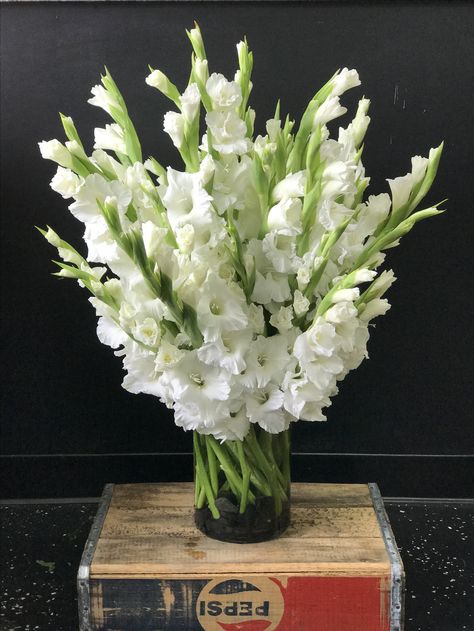 Holy gladiolus! #wedding #white flowers #large arrangement #centerpiece Gladiola Centerpiece, Wedding Bouquet With Gladiolus, Gladiola Flower Arrangements, Floral Arrangements With Gladiolas, Gladiolus Wedding Centerpiece, Gladiolus Flower Bouquet Wedding, Gladiolus Flower Wedding, Gladioli Flower Arrangements, Gladiolus Flower Arrangements Wedding