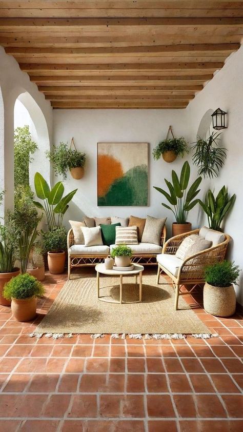 Outdoor Jute Rug Patio, Colorful Spanish Interior Design, Terra Cotta Tile Living Room, Mexican Terrace, Mexican Tile Floors, Mexican House Decor, Mediterranean Floor Tile, Mediterranean Rugs, Mediterranean Terrace